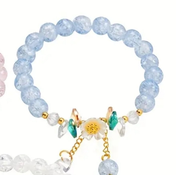 Jewelry - Elegant Crystal Beaded Bracelet with Floral Charm- Blue
